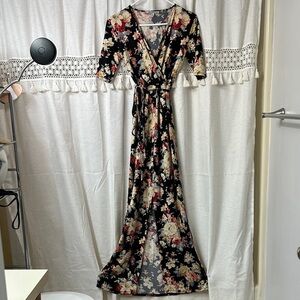 Black Floral Wrap Maxi Dress with Red & Cream Blooms
